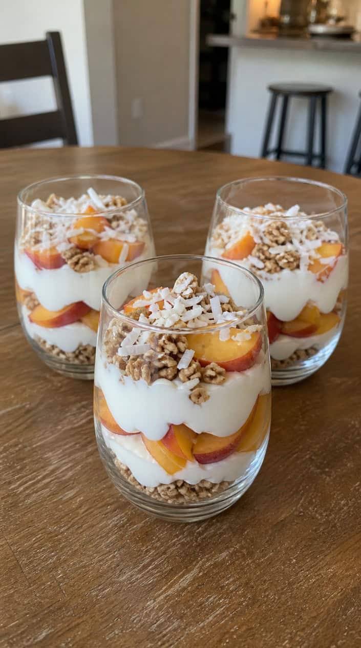 Three glass cups with visible layers of white yogurt, diced peaches, and toasted coconut chips on a warm wood surface with coconut halves nearby.