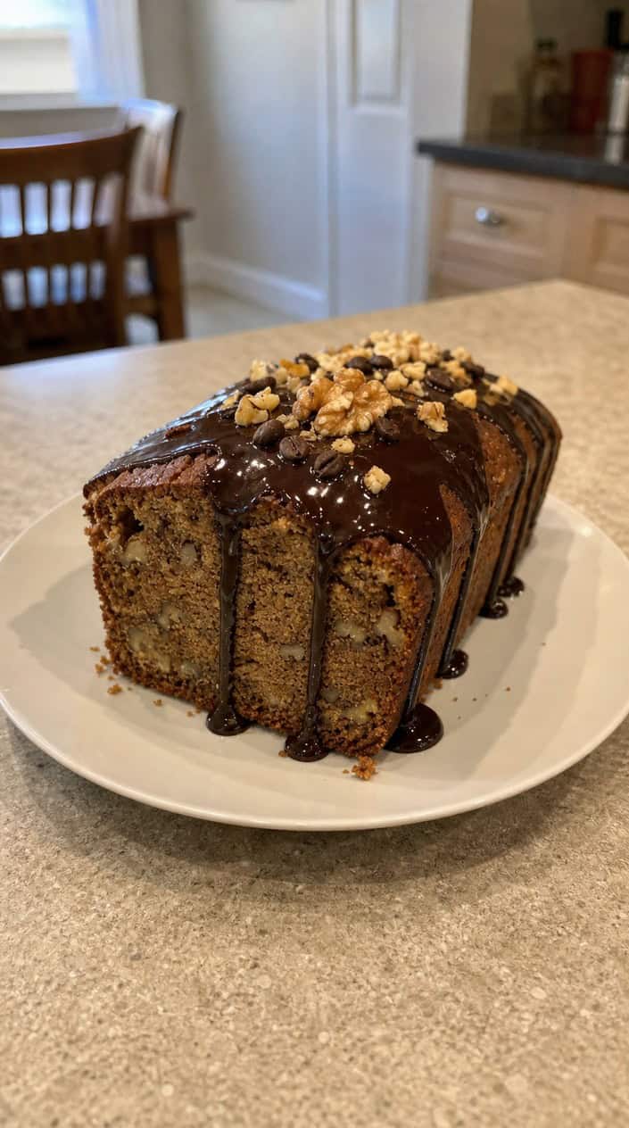 A coffee and walnut loaf with espresso glaze on a wooden board, surrounded by walnuts and coffee beans.