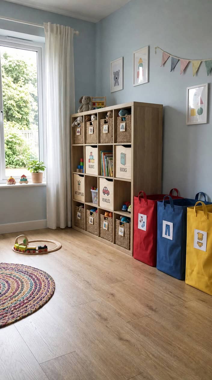 A bright playroom with three large color-coded fabric laundry hampers in red, blue, and yellow positioned against the wall as toy storage, with labeled picture tags attached to each.