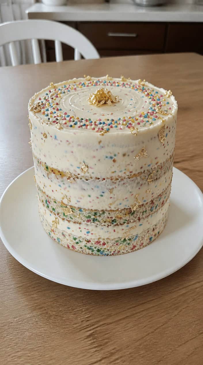 A multi-layered confetti buttercream cake decorated with edible gold flakes on a white cake stand.