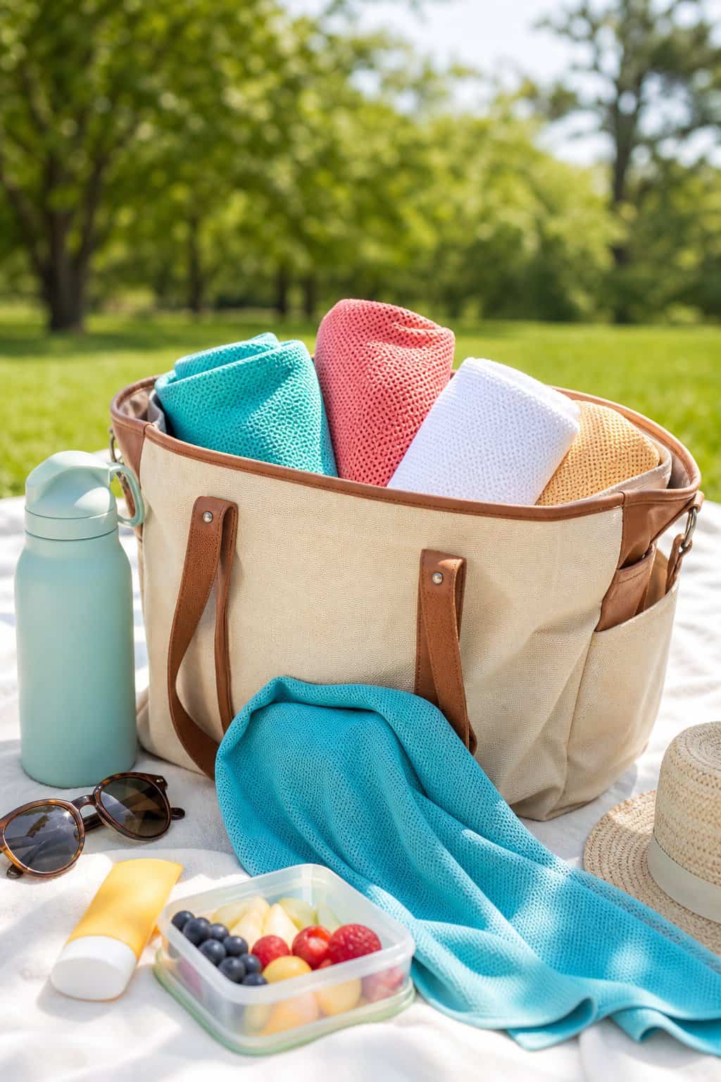 Brightly colored folded cooling towels tucked beside snacks and a water bottle in an open tote bag on a sunny picnic blanket.