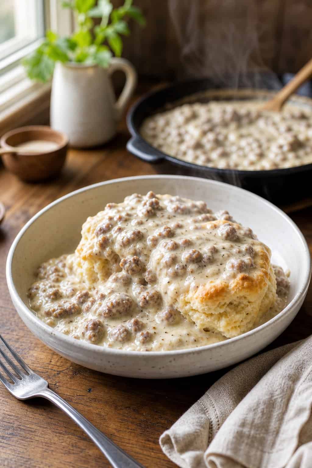 A shallow bowl filled with fluffy split biscuits smothered in thick creamy sausage gravy with visible pork crumbles, sitting on a weathered wood breakfast table.