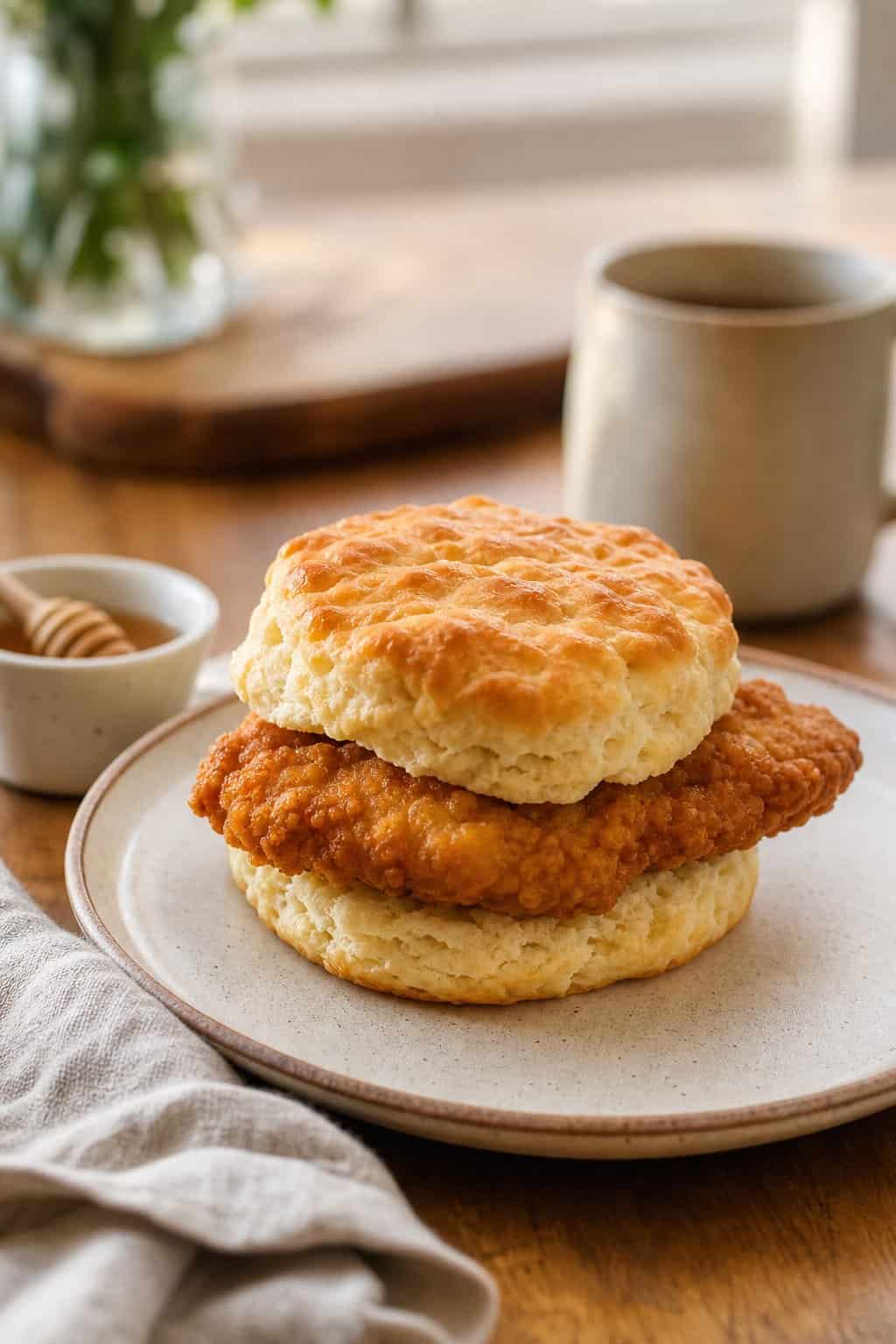 A golden crispy fried chicken piece tucked inside a split fluffy biscuit on a white plate, with a small dish of honey and a folded cloth napkin beside it.