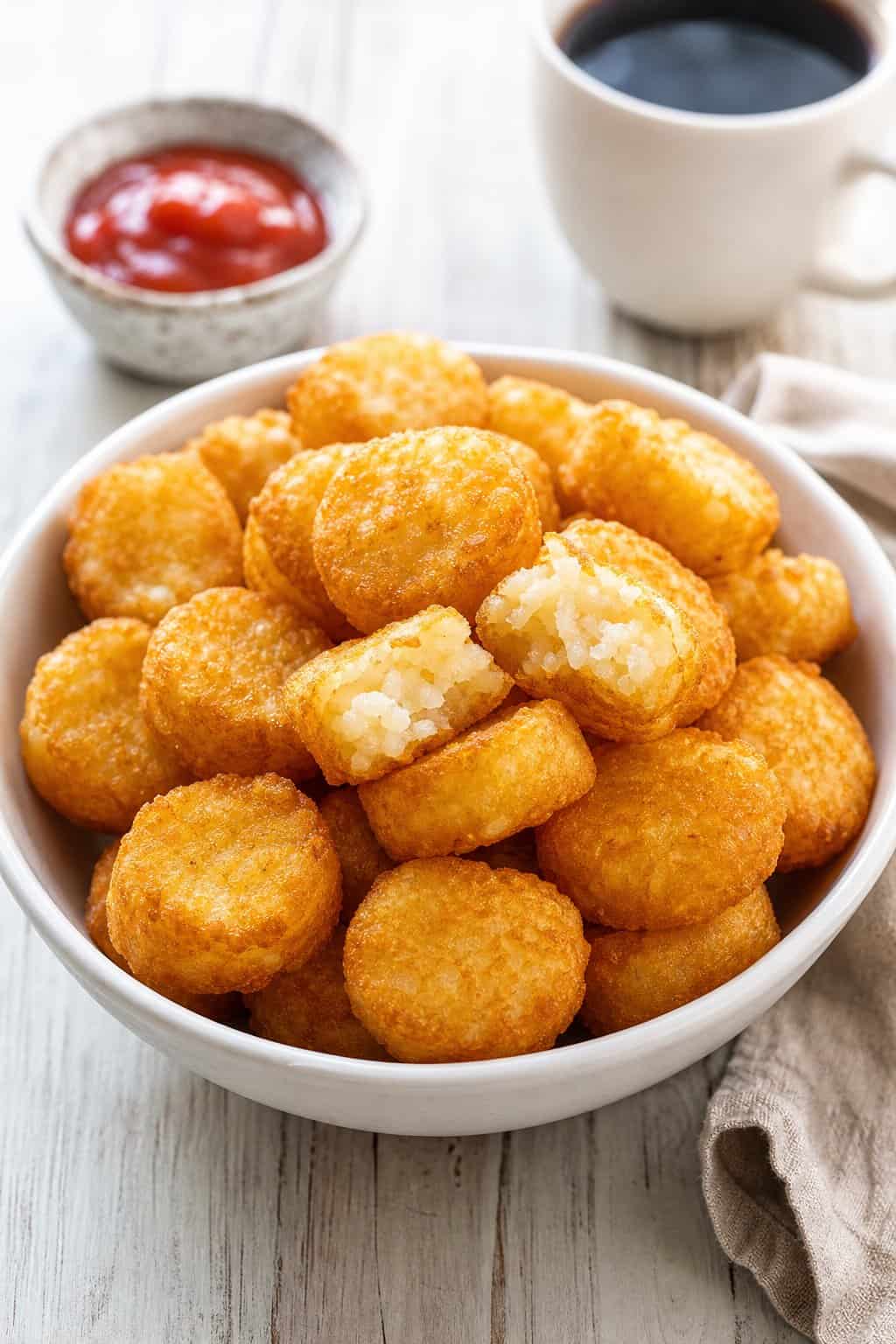 A bowl of small golden-brown crispy hash brown nuggets on a breakfast table beside a ramekin of ketchup and a white ceramic coffee mug.