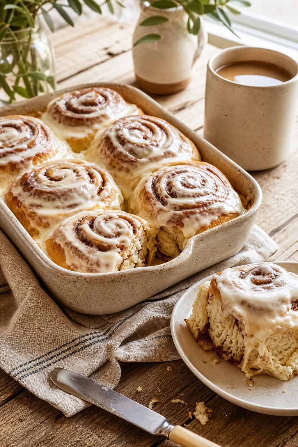 Freshly baked cinnamon rolls in a square white baking dish, generously iced with cream cheese frosting, beside a steaming mug of coffee on a light wood surface.