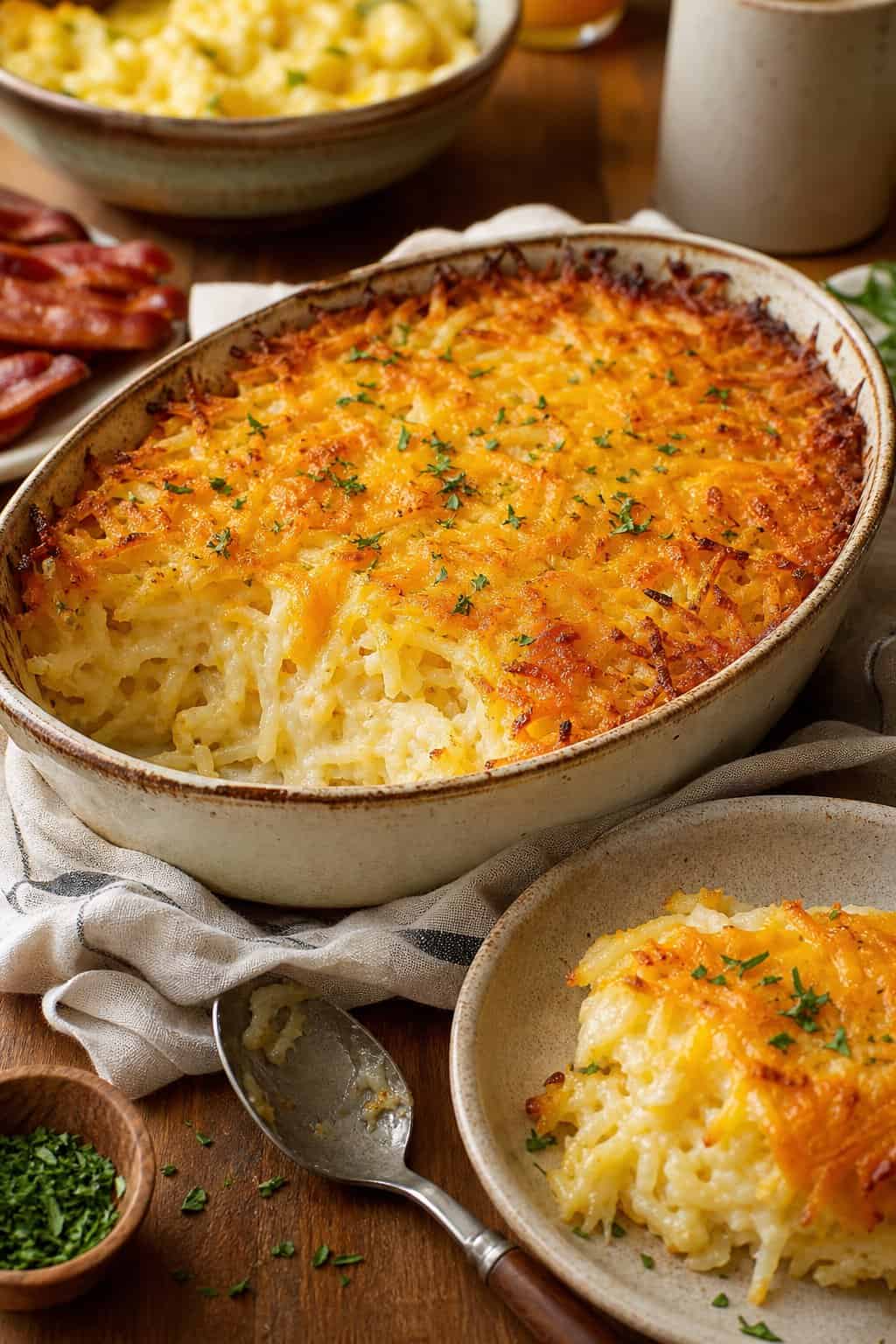 A bubbling golden hash brown casserole with a deeply browned cheddar cheese crust, served in a deep rustic stoneware baking dish on a breakfast table.