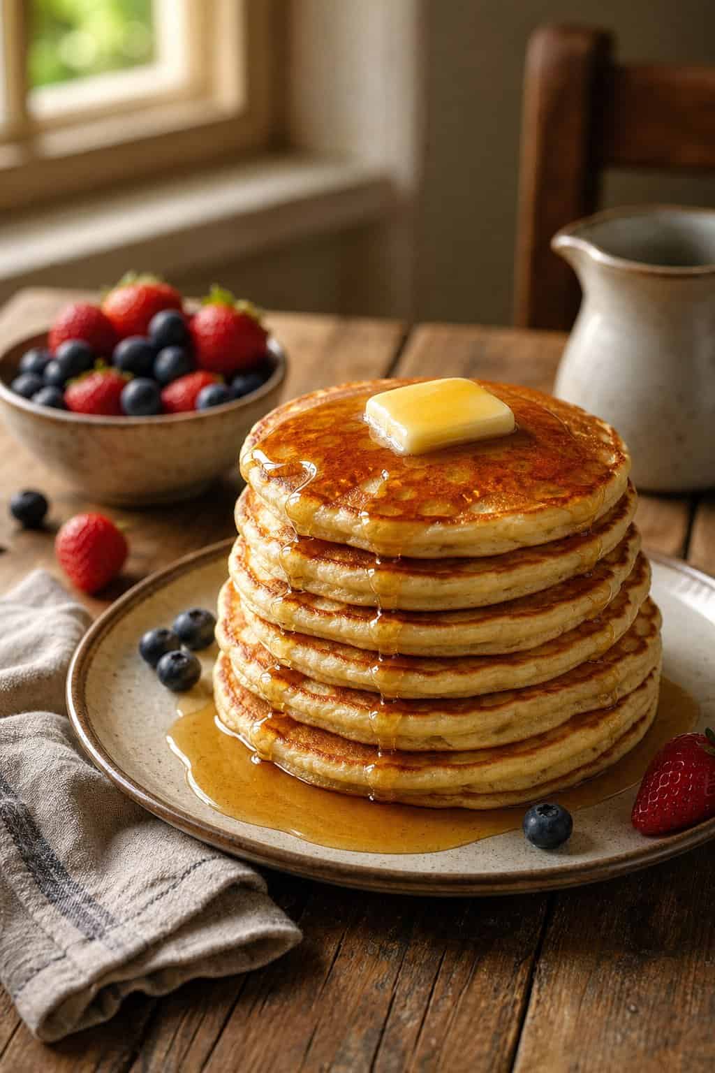 A tall stack of fluffy golden pancakes with a pat of butter melting on top and a small pitcher of maple syrup on a rustic wood surface.
