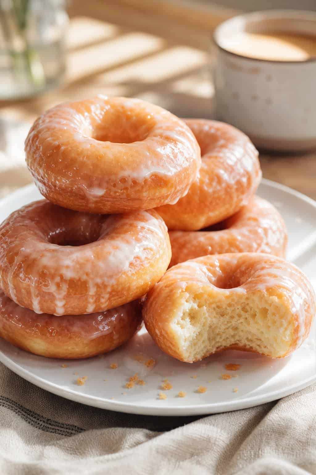 Six glossy glazed donuts arranged in a circle on a round white plate beside a ceramic coffee cup on a sunlit kitchen table.