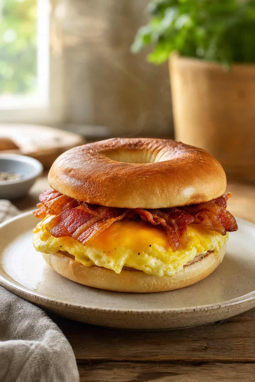 A toasted plain bagel sandwich with neatly folded scrambled egg, two strips of crispy bacon, and melted cheddar cheese on a white plate.