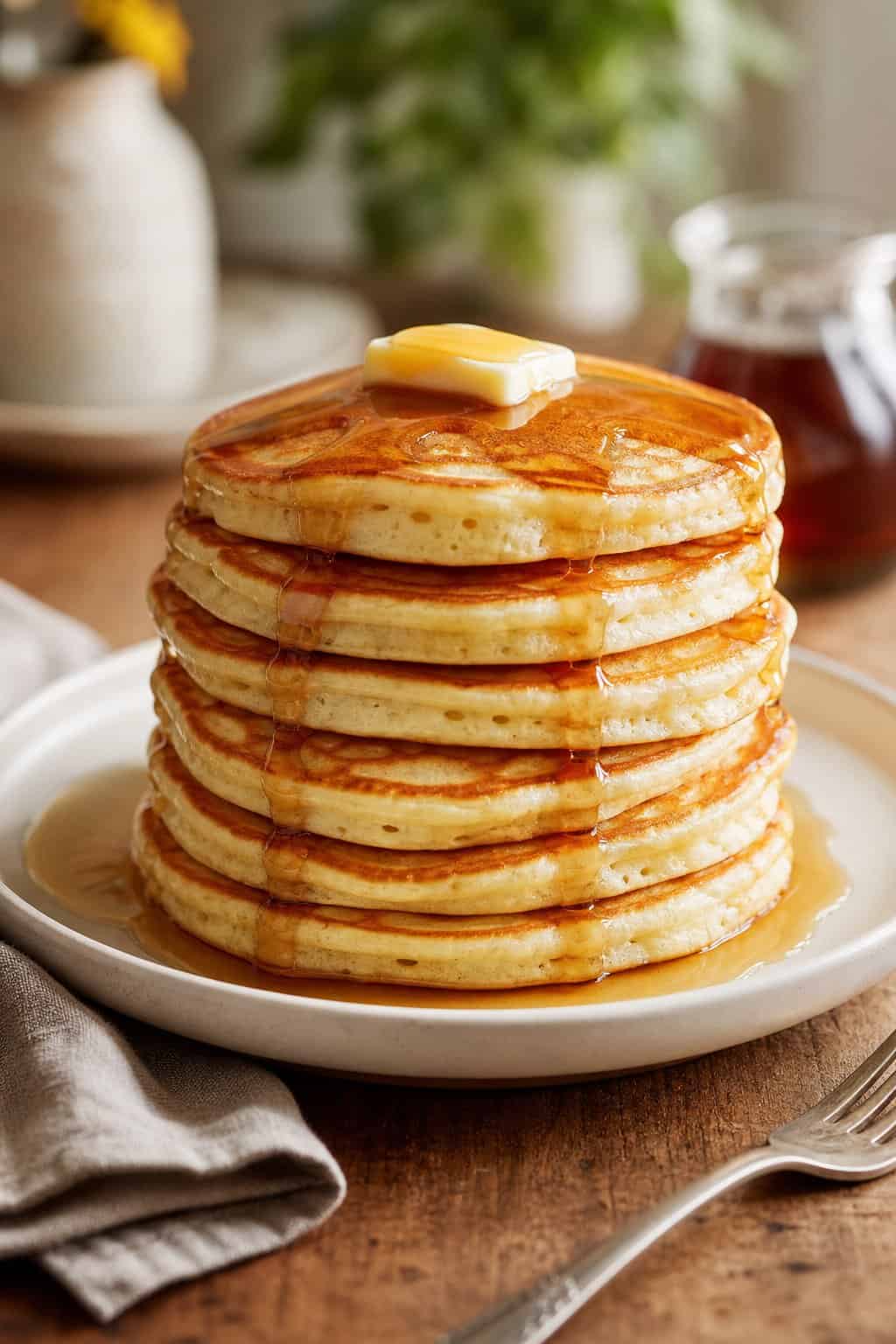 A stack of four thick buttermilk pancakes with a melting butter square on top and syrup pooling around the edges on a white plate.