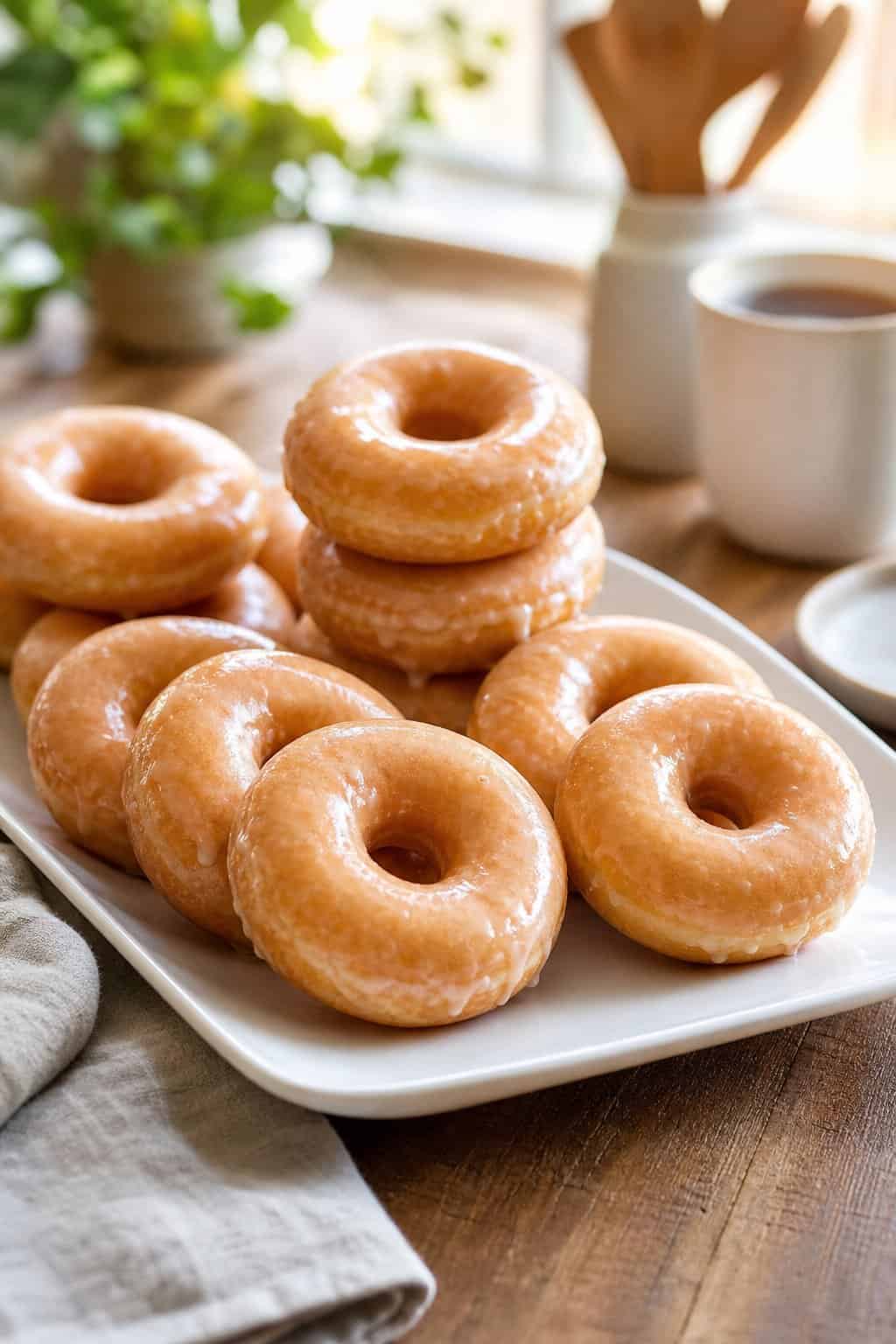 A platter of shiny glazed doughnuts arranged on a light wood kitchen table beside a white ceramic coffee cup, with natural window light falling across them.