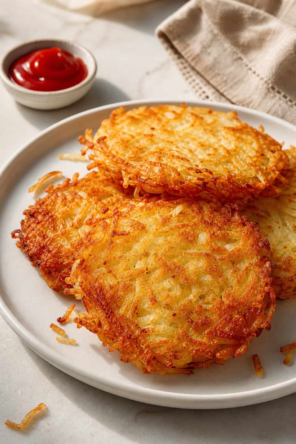 Four golden rectangular hash brown patties arranged on a round white breakfast plate with a small ramekin of ketchup and a neatly folded white napkin.