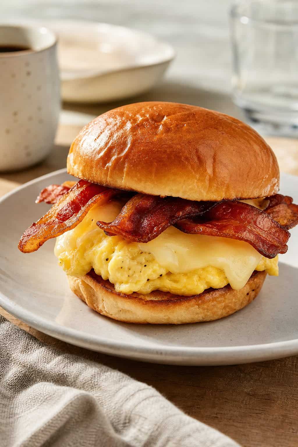 A toasted brioche bun filled with crispy bacon strips, a fried egg, and melted cheddar cheese, served on a white ceramic plate.