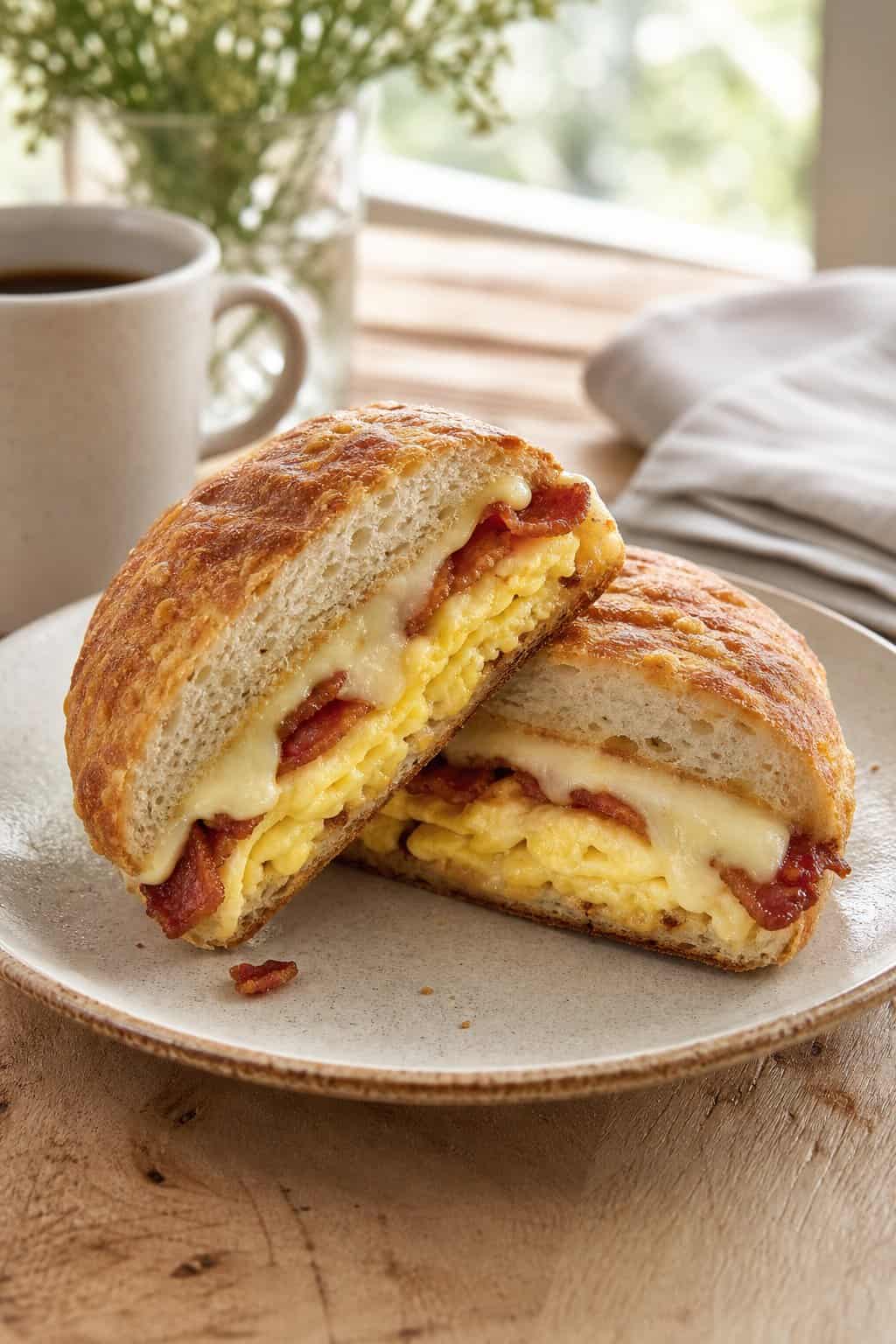A bacon, Gouda, and scrambled egg breakfast sandwich cut cleanly in half on a white plate, showing the melted cheese and egg layers inside.