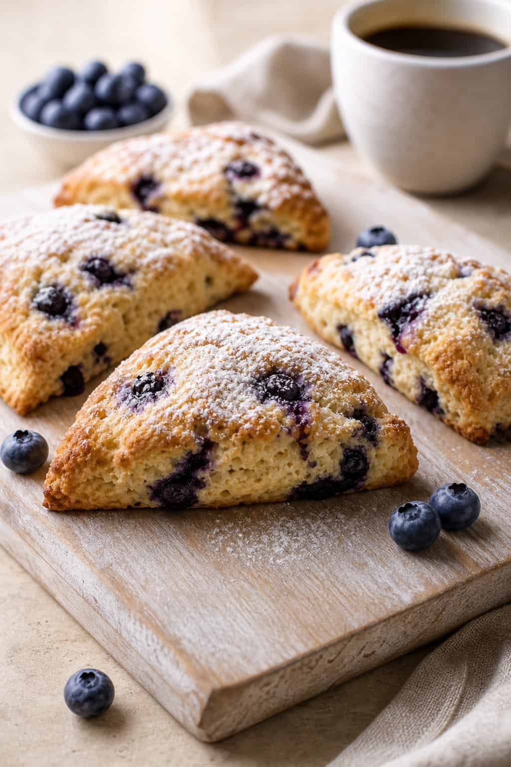 Six golden-edged blueberry scones with a thin white sugar glaze drizzled across the tops, arranged on a round wooden board beside a white coffee cup.
