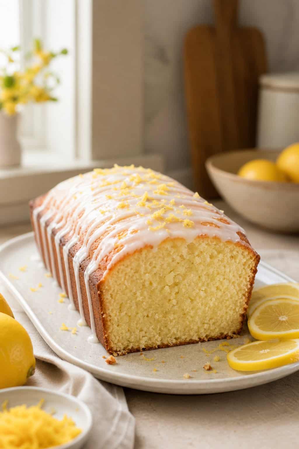 A glazed lemon loaf on a white ceramic plate with fresh lemon slices and scattered yellow zest beside it on a light countertop.