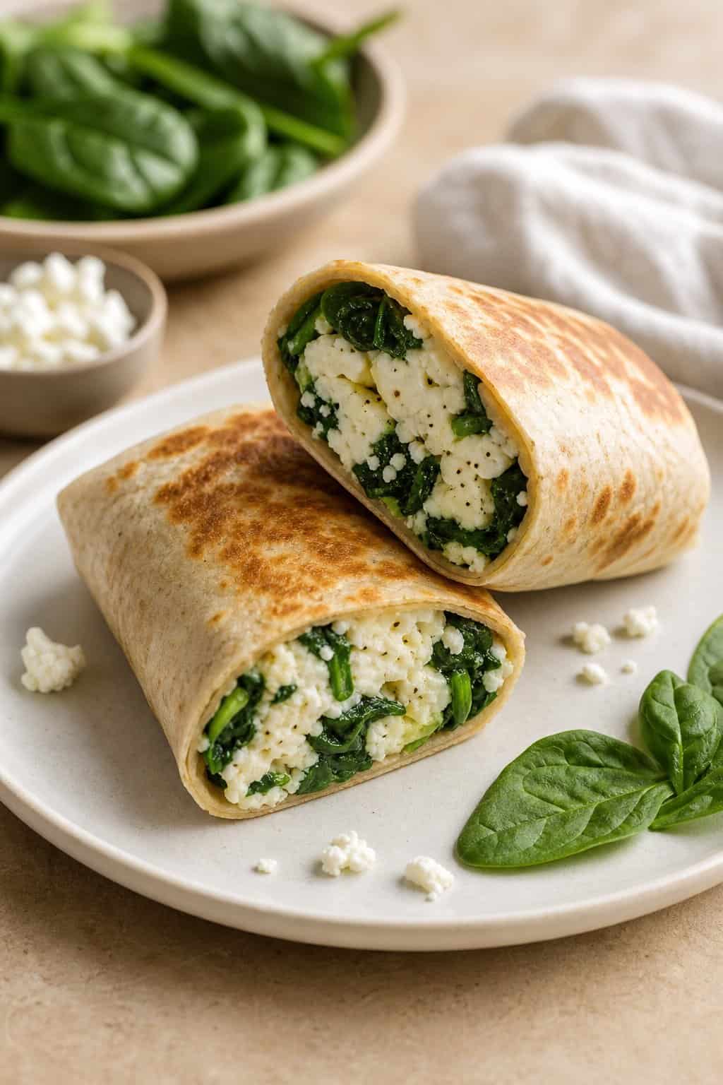 A toasted whole-wheat breakfast wrap sliced diagonally to show layers of wilted spinach, crumbled feta, and cooked egg white inside.