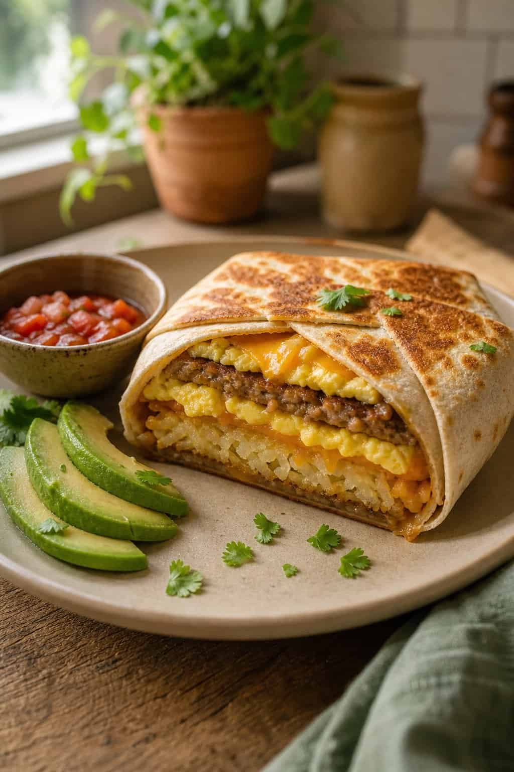 A toasted flour tortilla Crunchwrap cut in half on a plate, showing cross-section layers of scrambled egg, melted cheddar cheese, crispy hash brown, and crumbled bacon, with small bowls of salsa and avocado alongside.