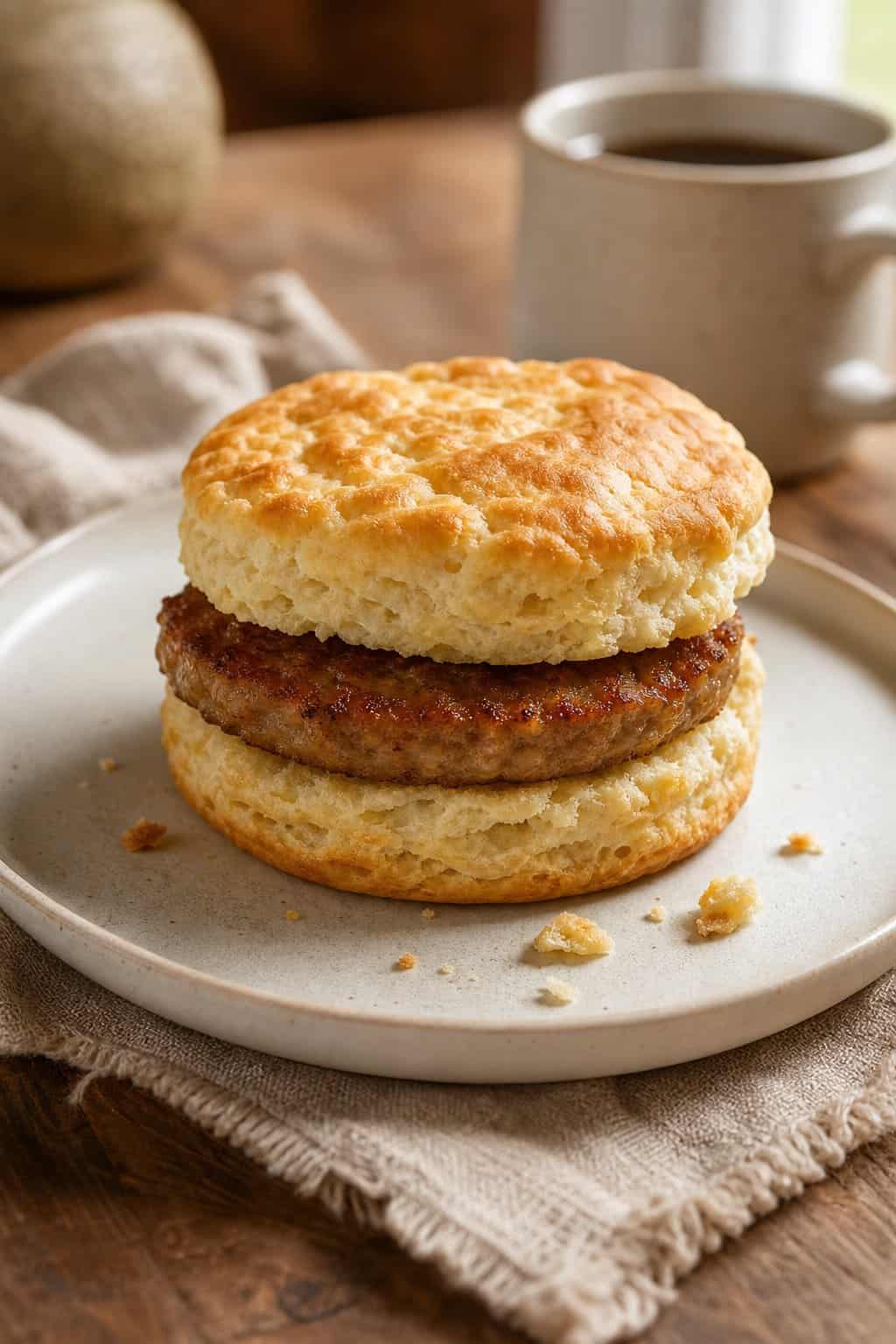 A flaky golden biscuit split and filled with a browned sausage patty and a slice of melted American cheese on a white ceramic plate, with a blurred coffee mug in the background.