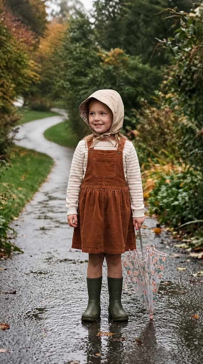 Little Girl Dress Styles for a Rainy Birthday Party 15 A young girl standing outside on a rainy day wearing a corduroy jumper and a rain bonnet.