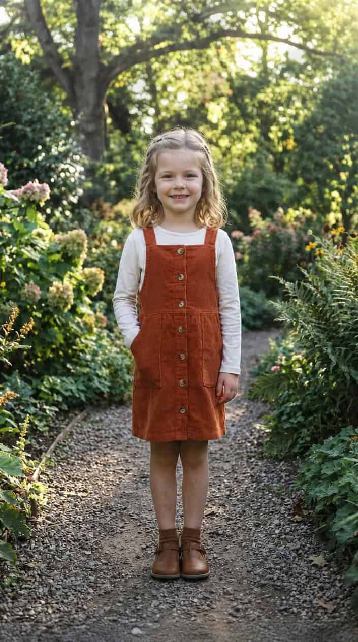 A young girl standing outdoors wearing a corduroy pinafore dress with buttons down the front, smiling gently with a blurred natural background.