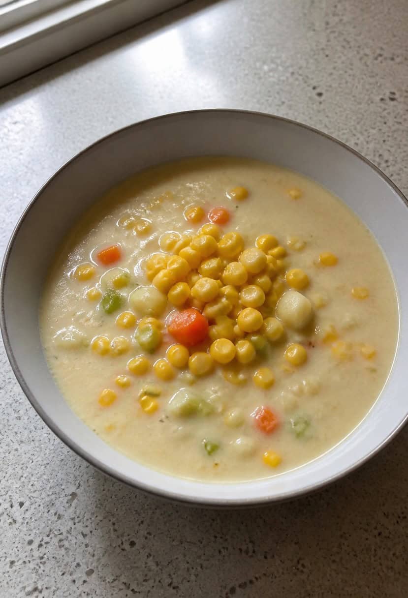 A pot of corn chowder simmering on a stovetop, surrounded by fresh ears of corn, potatoes, and a variety of colorful vegetables