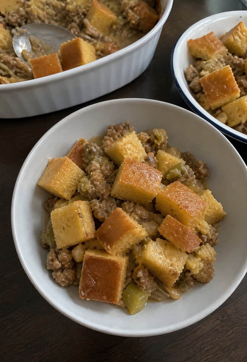 A table set with a steaming dish of cornbread dressing, surrounded by other Thanksgiving recipes