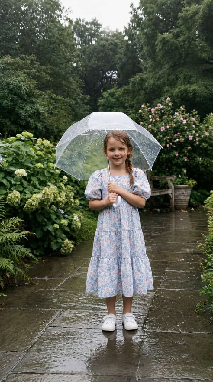 A young girl in a light dress with umbrella sleeves stands outside in the rain holding a small umbrella, smiling gently.