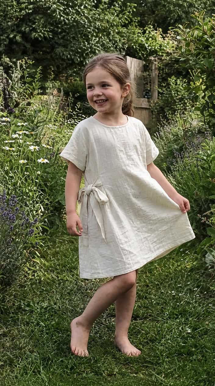 A young girl standing outdoors wearing a light-colored dress with a side tie, smiling and surrounded by greenery.