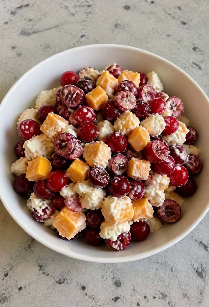 A table set with a vibrant cranberry salad surrounded by Thanksgiving dishes