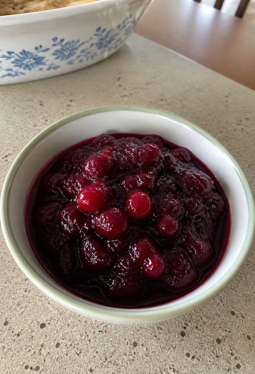 A rustic table setting with a colorful bowl of cranberry sauce surrounded by autumn leaves and seasonal decorations