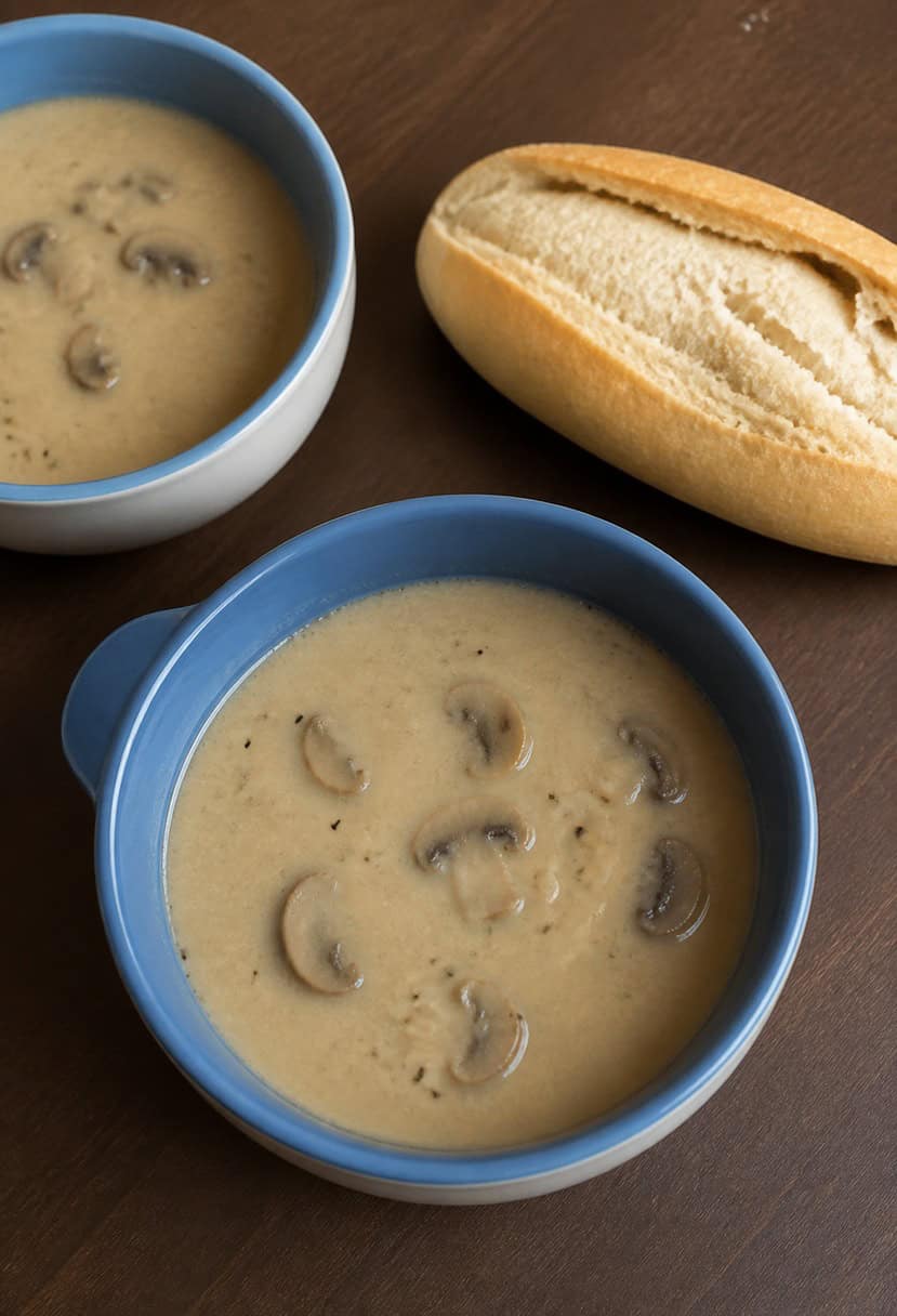 A steaming pot of creamy mushroom soup with a sprinkle of herbs, surrounded by fresh mushrooms and a loaf of crusty bread