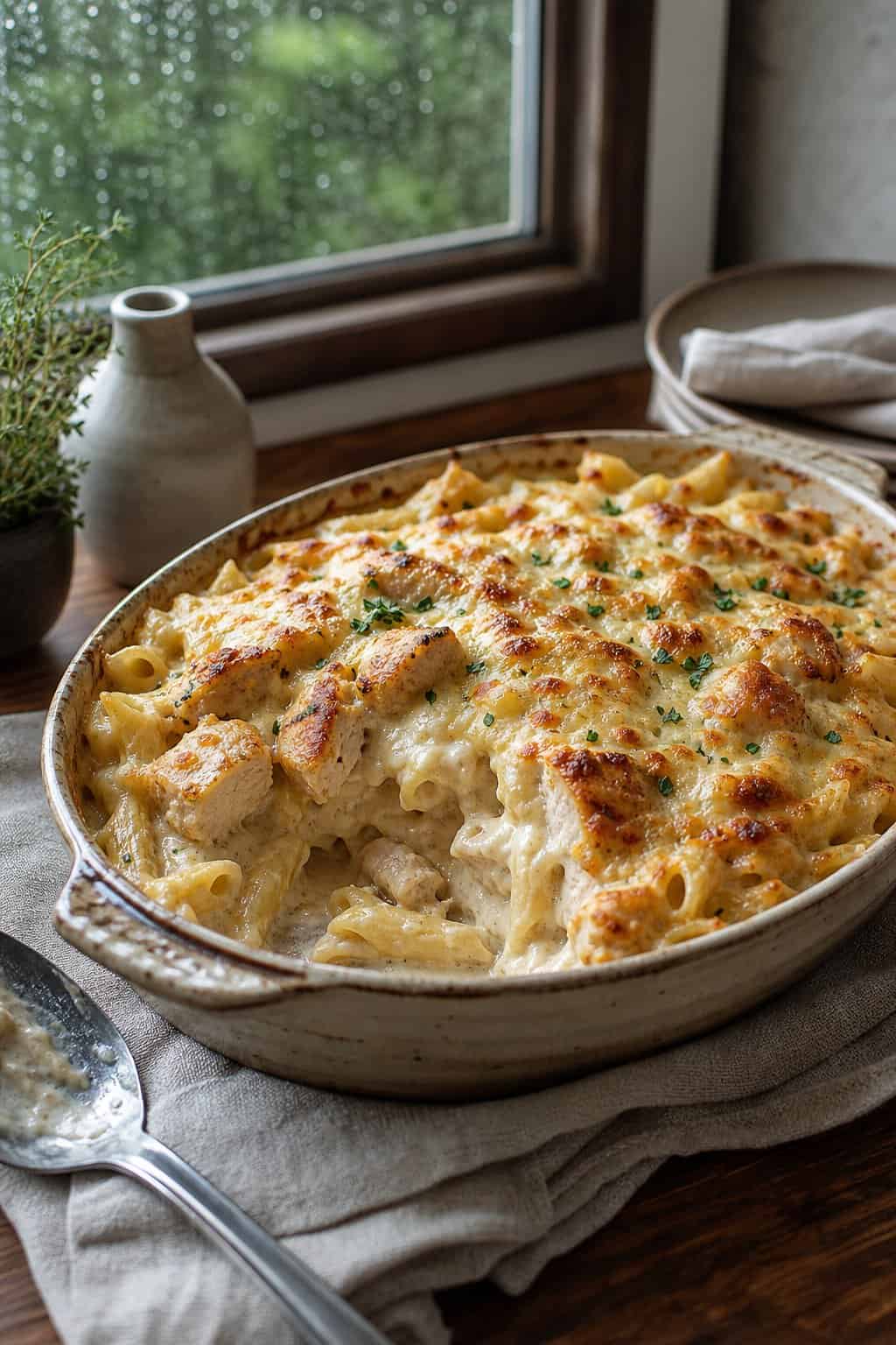 A creamy chicken Alfredo casserole with penne pasta, melted mozzarella, and a lightly browned golden top in a rectangular white baking dish on a kitchen table.