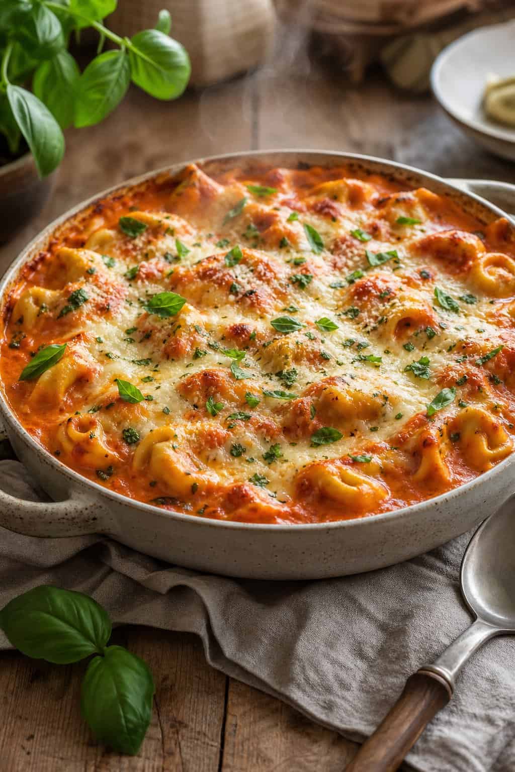 A bubbling casserole of cheese tortellini in a creamy rose-toned tomato sauce topped with melted golden mozzarella and scattered dried herbs in a white baking dish.