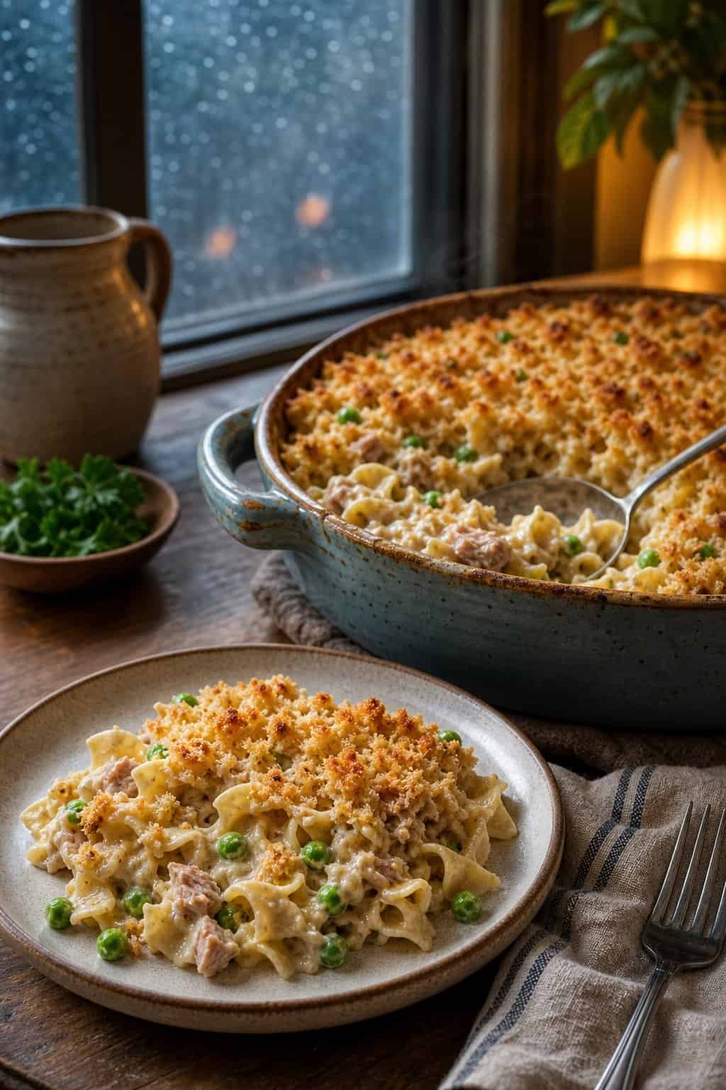 A warm tuna noodle casserole with scattered green peas and a golden buttered breadcrumb topping in a rectangular glass baking dish.