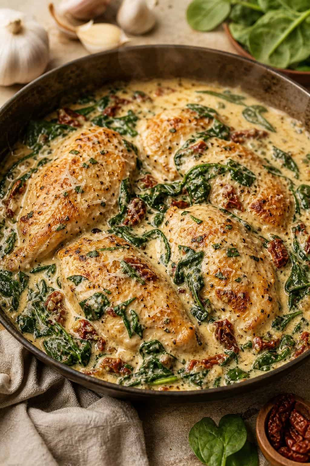 15 One-Pan Chicken Dinners for the Witching Hour 9 A stainless skillet with four seared golden chicken breasts nestled in a pale cream sauce dotted with red sun-dried tomatoes and dark wilted spinach leaves.
