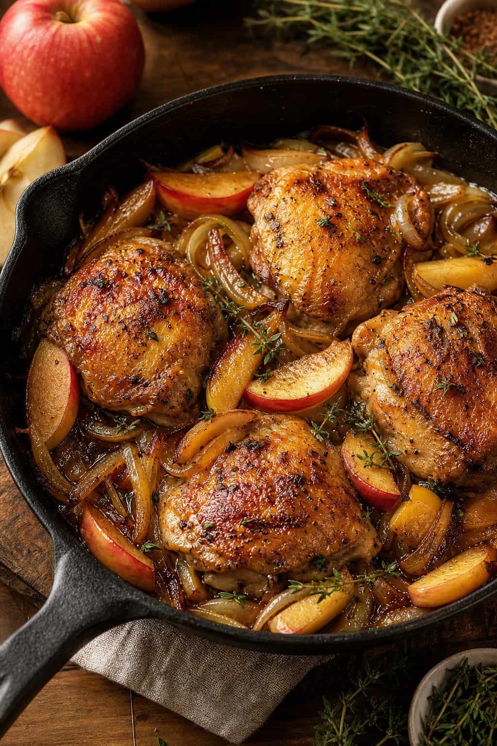 15 One-Pan Chicken Dinners for the Witching Hour 14 A seasoned cast-iron skillet with four crispy-skinned bone-in chicken thighs resting on a bed of golden caramelized onion rings and soft translucent apple slices with slightly browned edges.