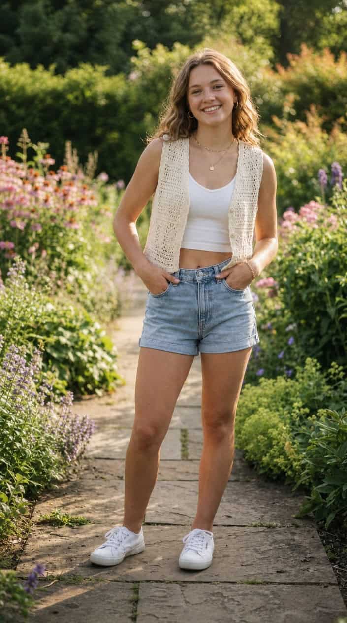 22 Teen Girl Summer Outfits for the Year She Suddenly Cares What She Wears 15 Teenage girl outdoors wearing a crochet vest over a white cotton crop top, smiling and standing in natural light.
