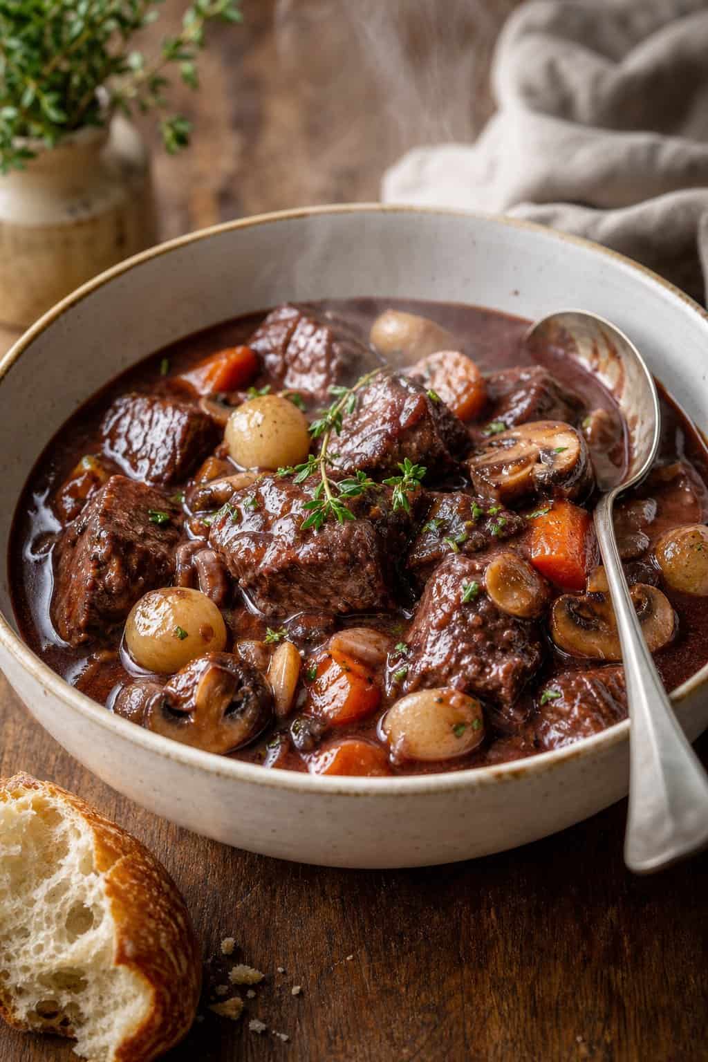 A deep bowl of steaming beef burgundy stew with sliced mushrooms, carrots, and pearl onions in a dark wine-colored broth, served with a thick slice of crusty bread on the side.