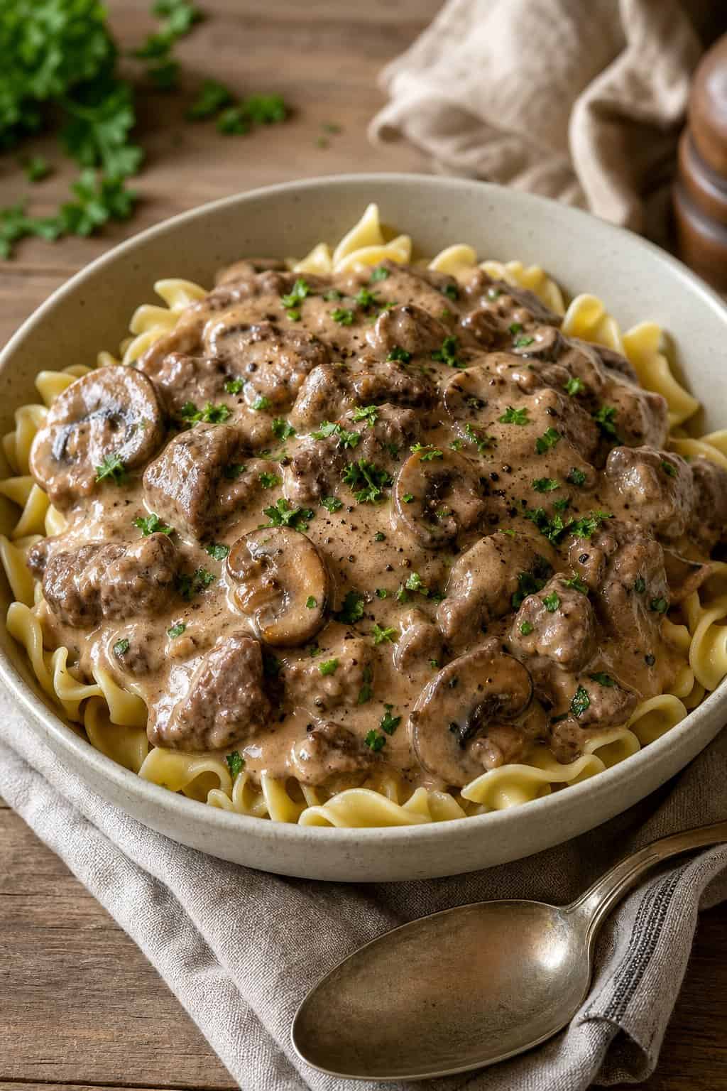 A wide ceramic bowl of creamy beef and mushroom stroganoff ladled over thick egg noodles and garnished with chopped parsley.