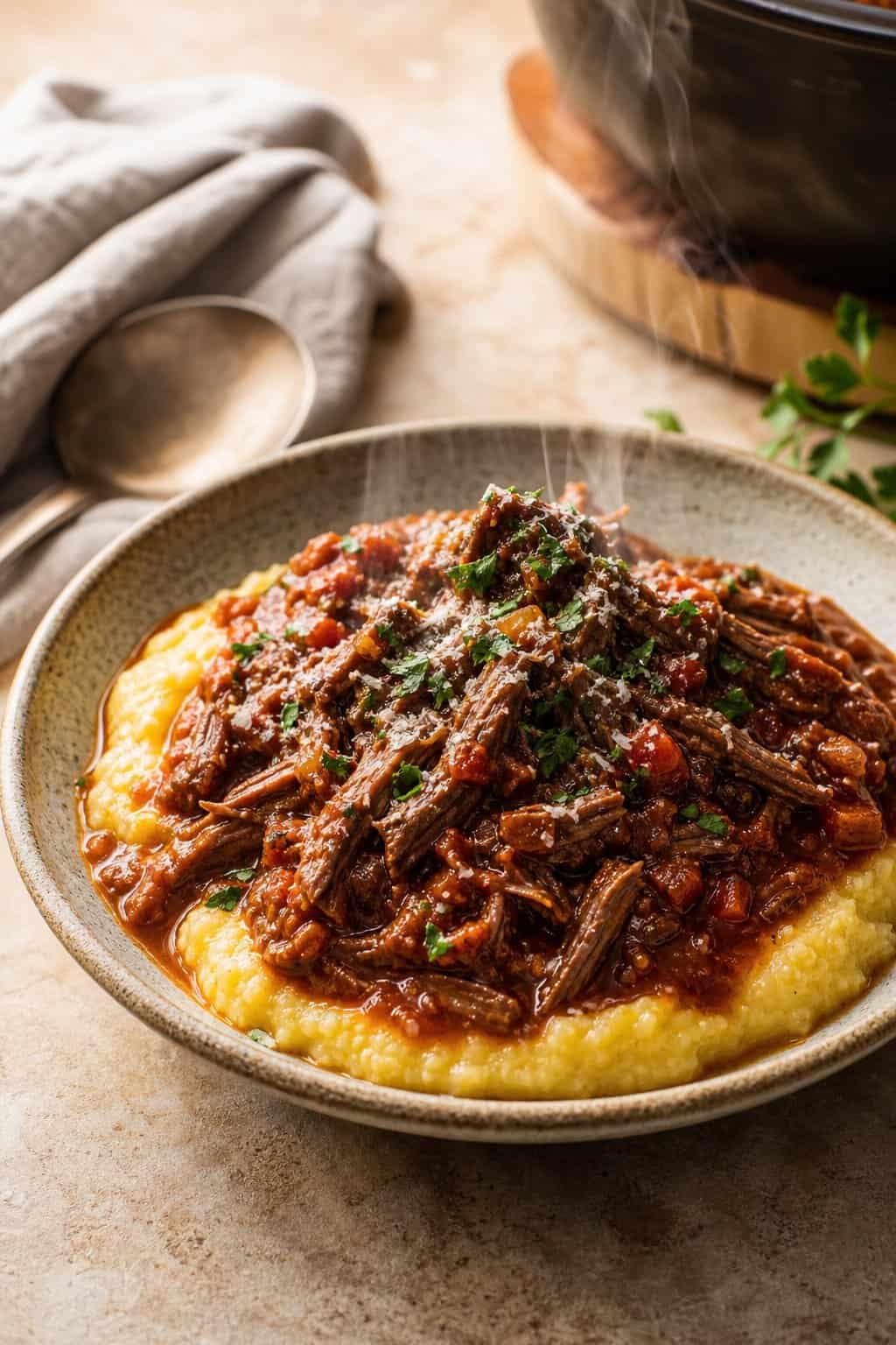 A wide shallow bowl of slow-cooked beef ragu in deep red tomato sauce served over smooth creamy polenta, topped with shaved Parmesan and fresh herbs.