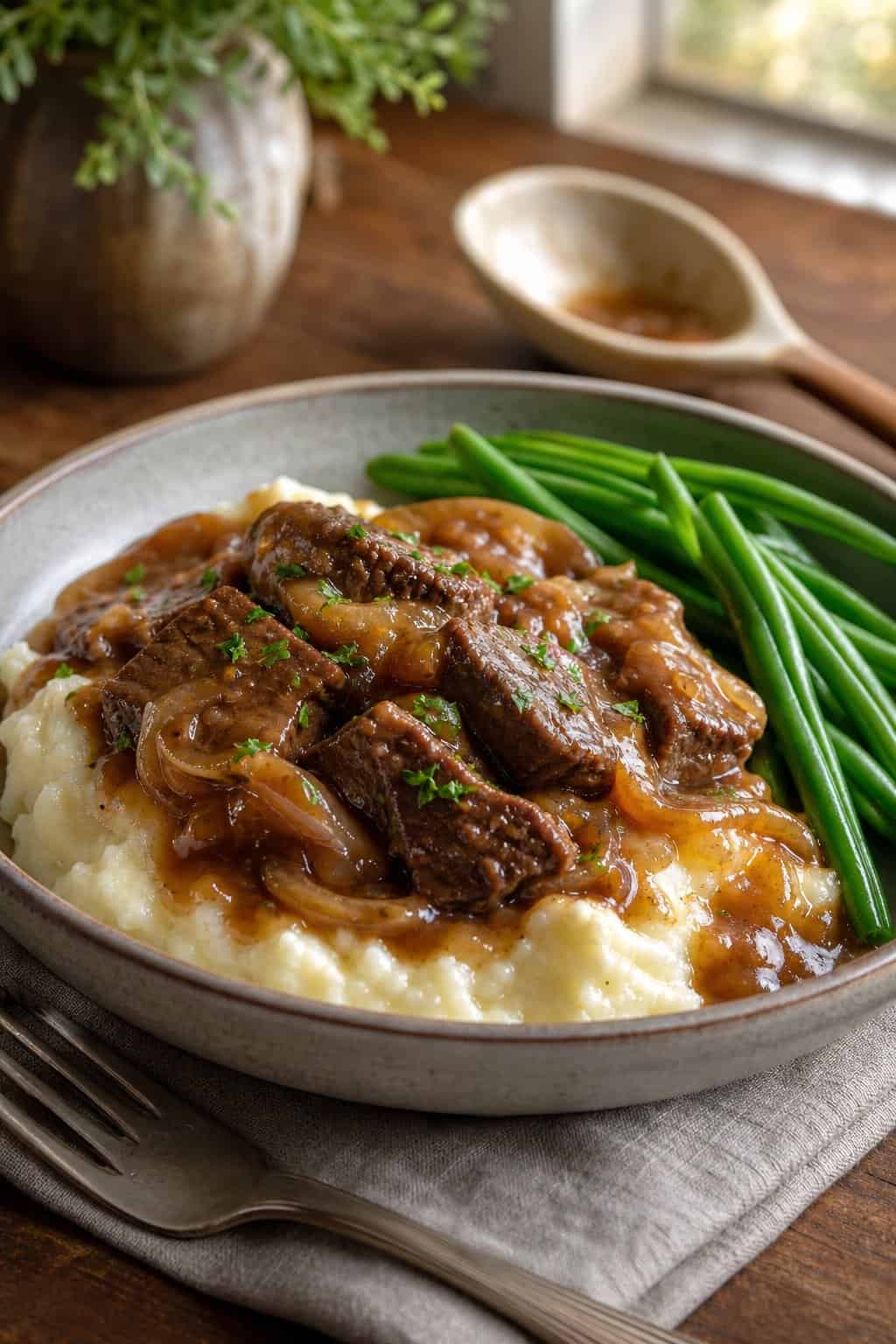 A deep bowl of tender beef tips in dark onion gravy served over a mound of creamy mashed potatoes with green beans on the side.