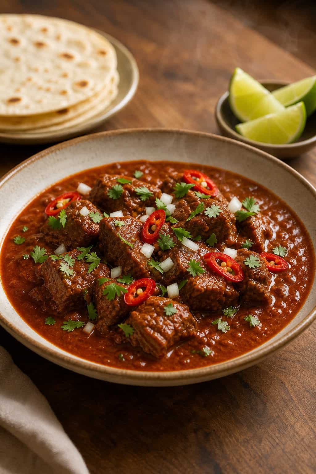 A rustic bowl of tender beef chunks in rich red chile sauce, garnished with white diced onion and fresh cilantro, served alongside warm corn tortillas and a halved lime.