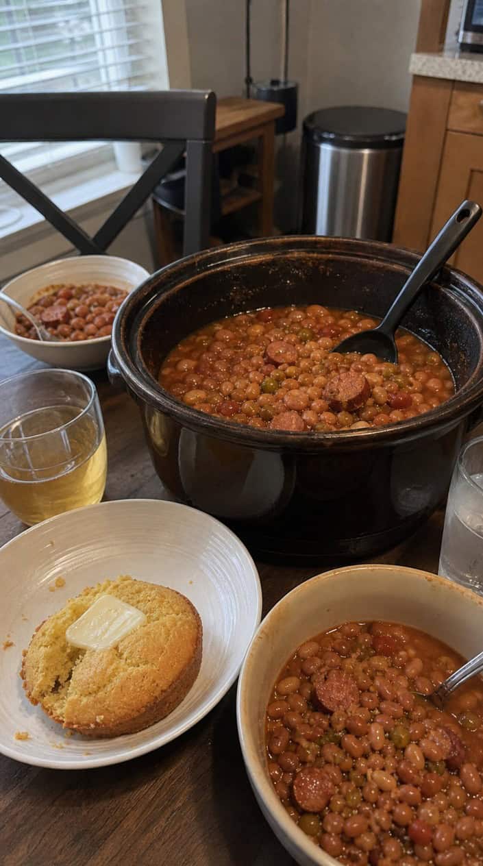 A crockpot filled with cowboy beans and smoked sausage on a wooden table surrounded by cornbread muffins and bowls of toppings.