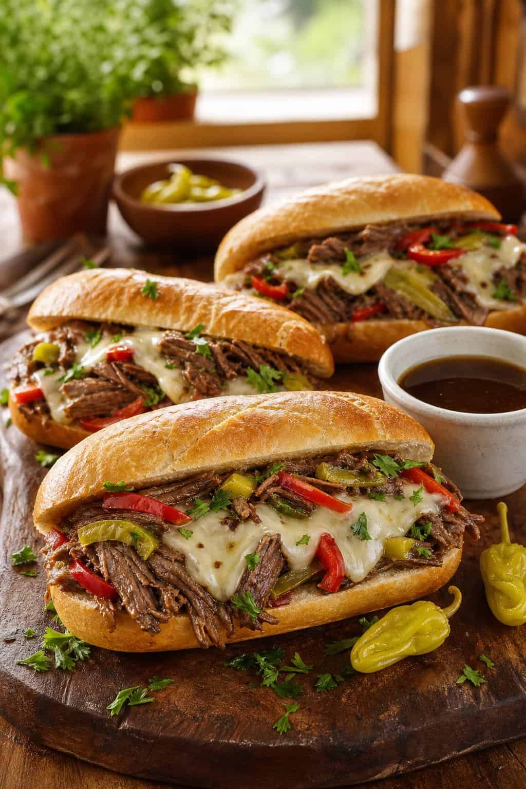 Italian beef sandwiches piled high with shredded beef, sliced pepperoncini, and melted provolone on a rustic wooden serving board.