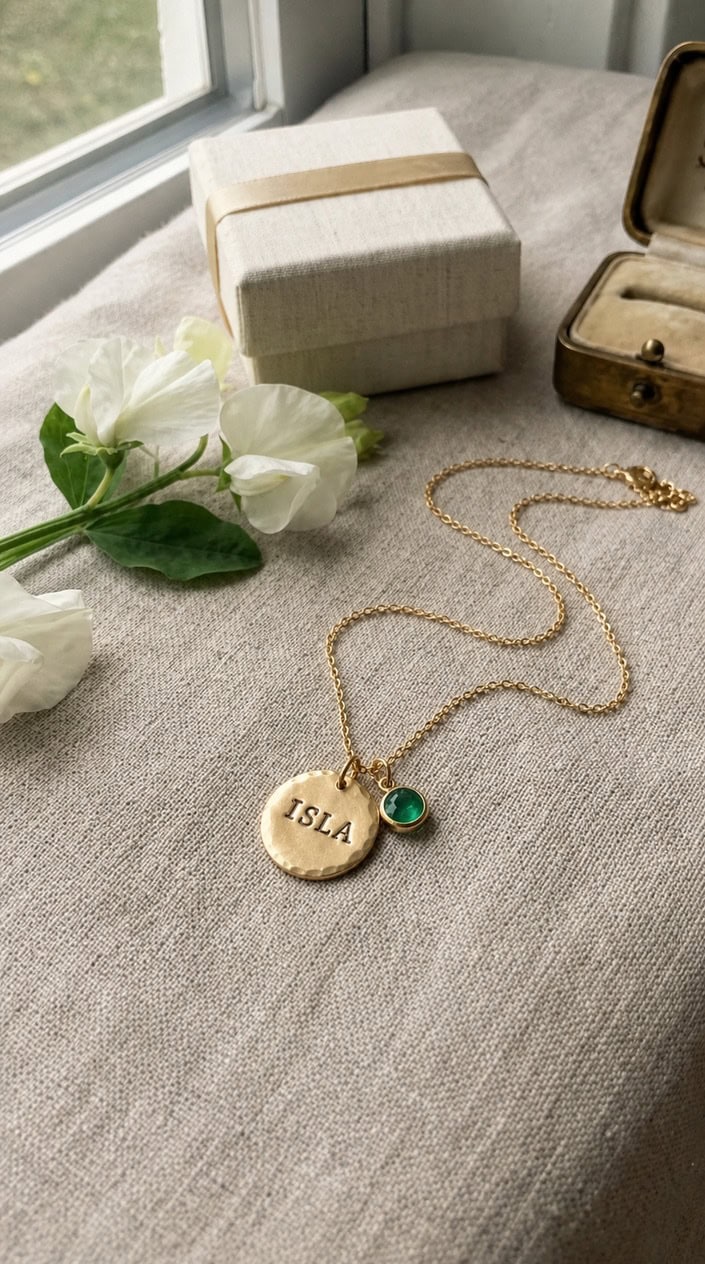 Close-up of a delicate birthstone necklace with a hand-stamped pendant displayed on soft fabric with flowers and a small gift box nearby.