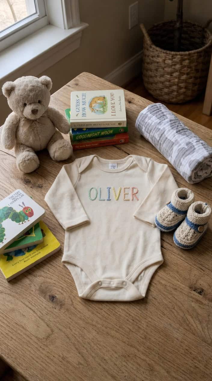 A baby onesie with embroidered name surrounded by baby shower gift items like a plush toy, booties, books, and a blanket on a wooden surface.