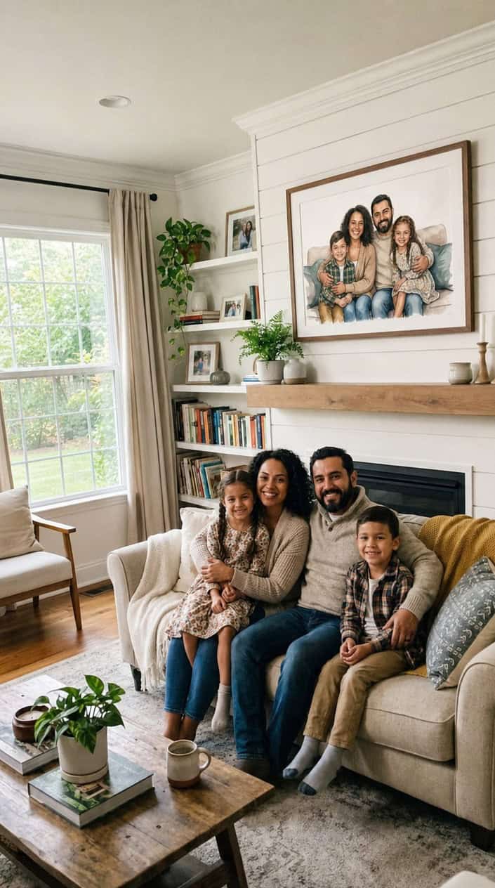 A family of four sitting together on a sofa in a bright living room with a family portrait hanging on the wall behind them.