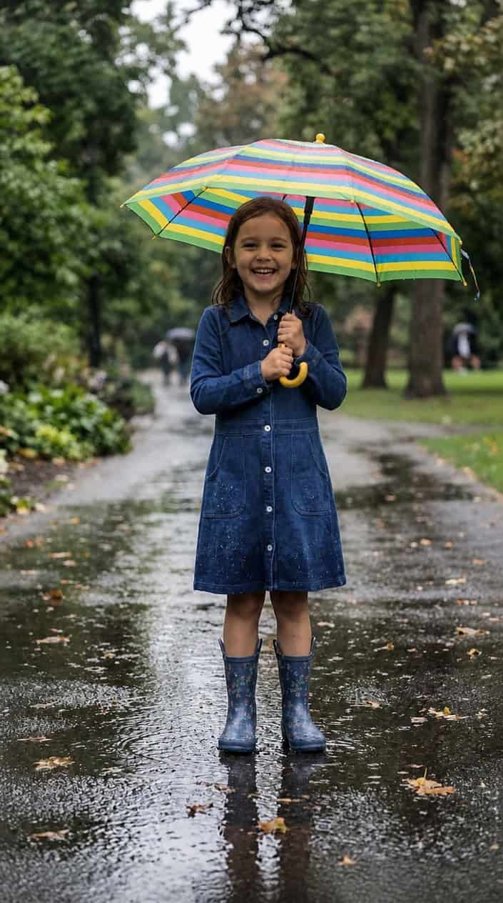 Little Girl Dress Styles for a Rainy Birthday Party 8 A young girl smiling and holding an umbrella while standing outside on a rainy day.