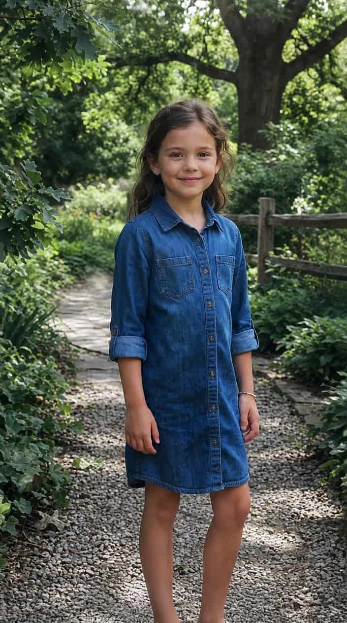 A young girl standing outdoors wearing a denim shirt dress with rolled cuffs, smiling gently.